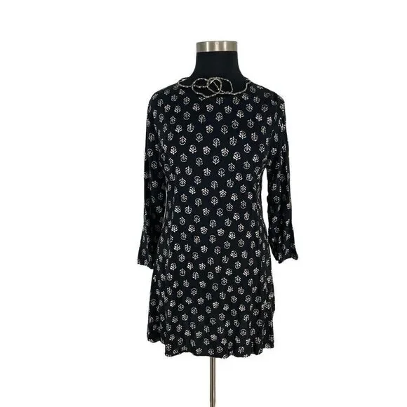 Old Navy XL Black Patterned Tunic Dress Shift A Line Long Sleeve Rayon - Picture 5 of 7